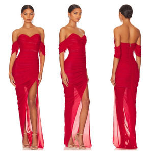 Nookie Dita Mesh Ruched Chiffon Mini Maxi Dress Gown Red Women's Size Large